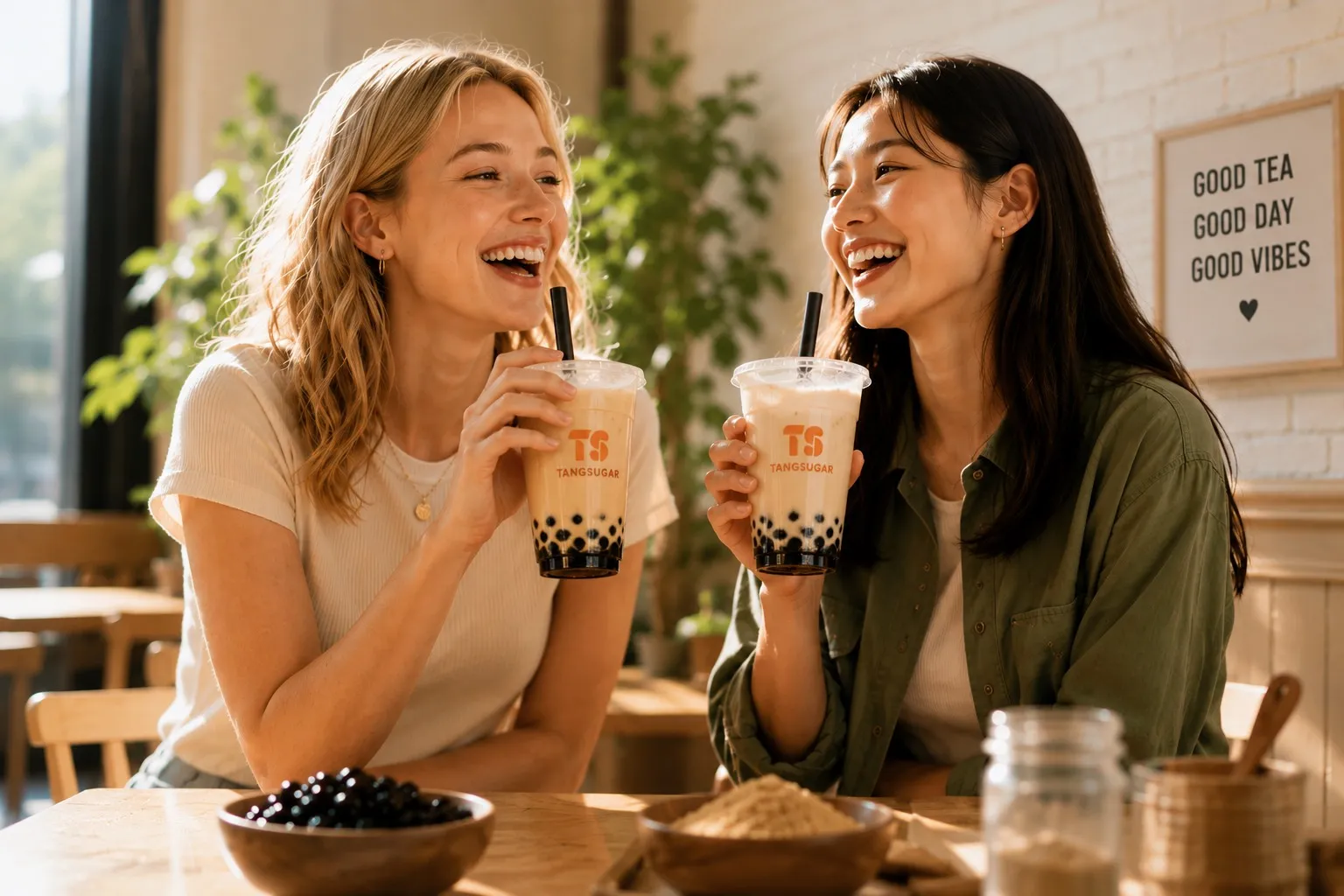 Two customers enjoying Tang Sugar bubble tea, with tapioca pearls and milk tea powder on the table