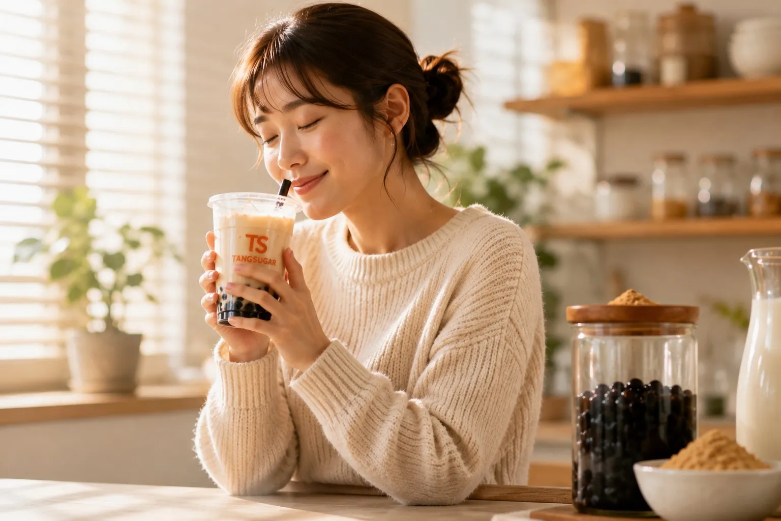 A customer tasting Tang Sugar bubble tea next to tapioca pearls and milk tea powder